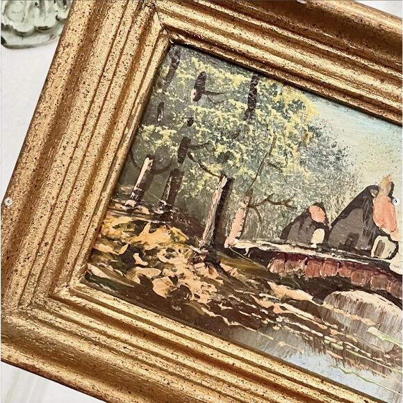 Vintage Miniature Oil Painting Scenic Bridge Board Signed Klaus Framed No Glass - Picture 2 of 5